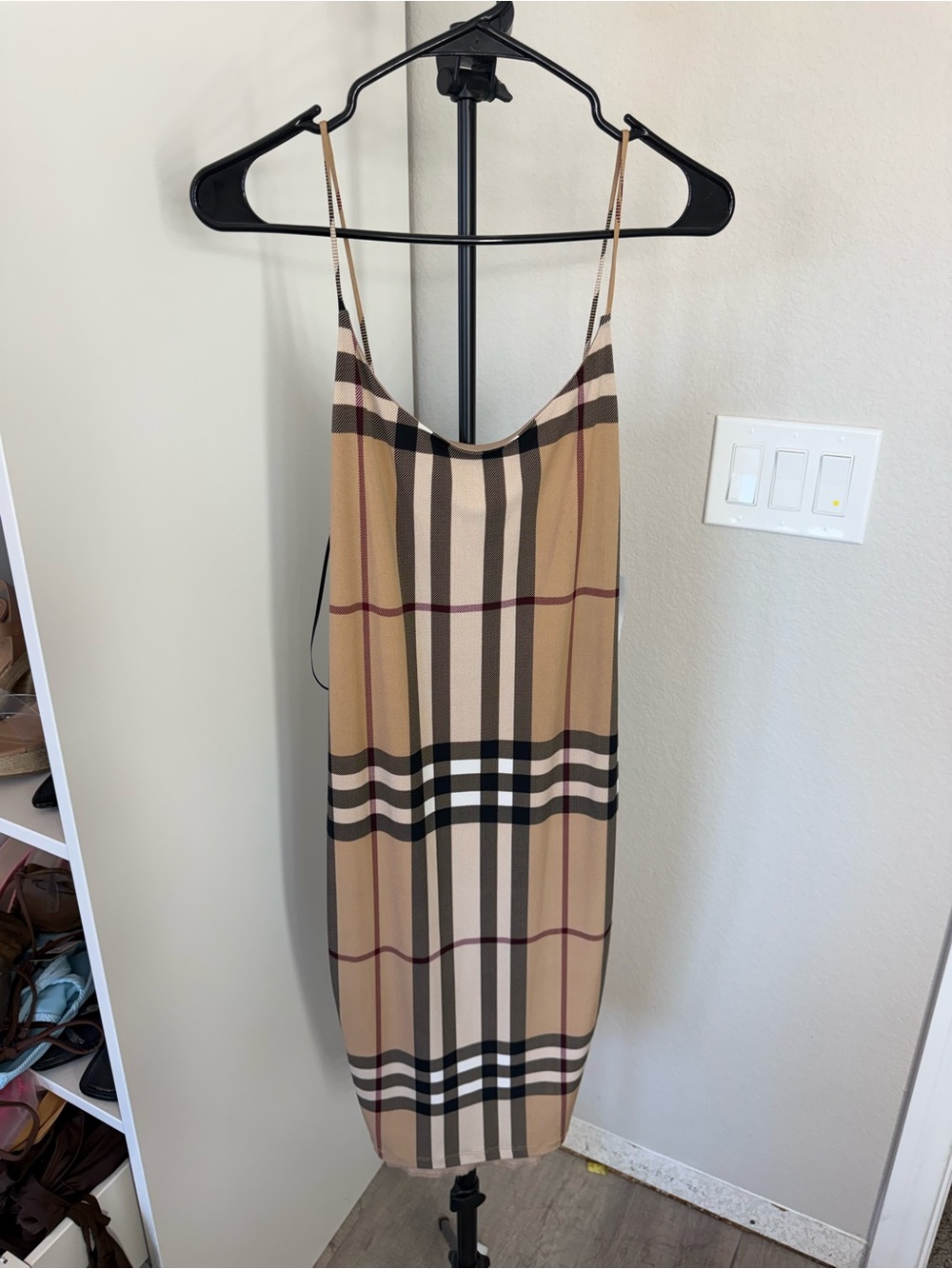 Windsor Beige Plaid Slip Midi Dress